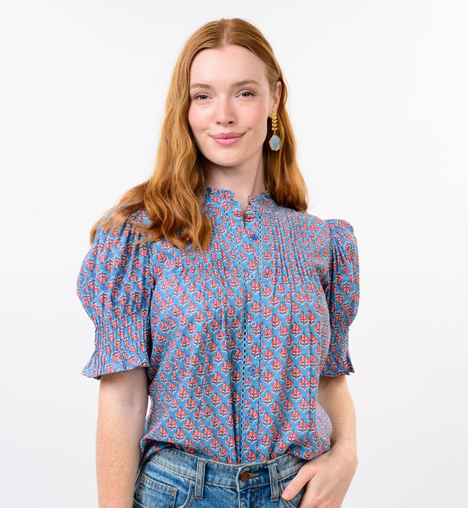 Ivy Jane Block Floral Tuck Blouse-Blue