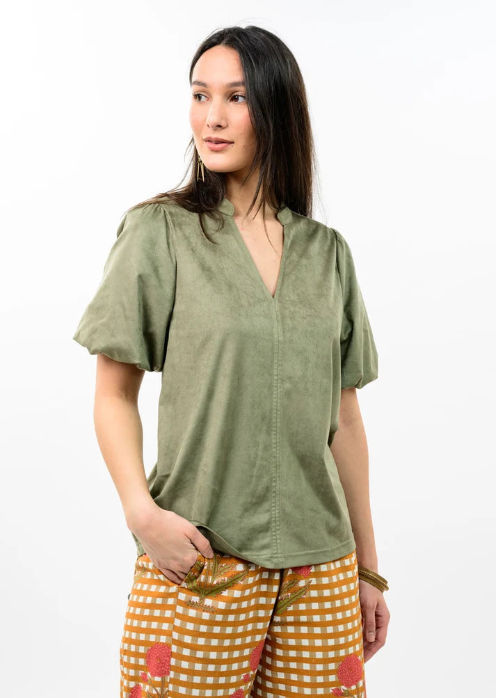 Ivy Jane Faux Suede Poof Sleeve Top-Sage