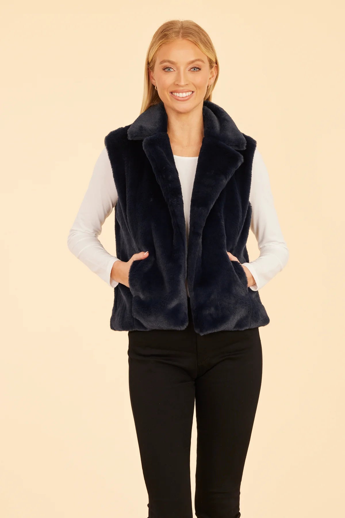 Dolce Cabo Plush Faux Fur Notch Collar Vest-Navy