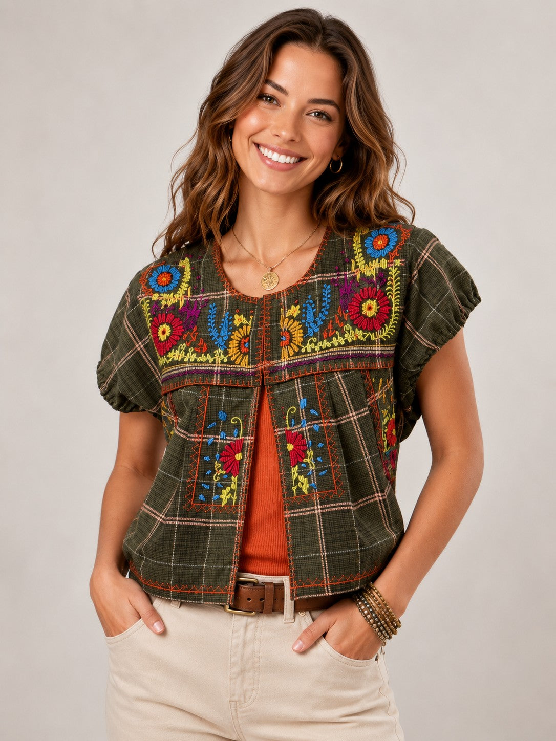 Sister Mary Embroidered Bolero-Green Plaid