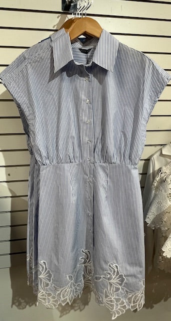 Dolce Cabo Striped Dress With Eyelet Border-Blue/White