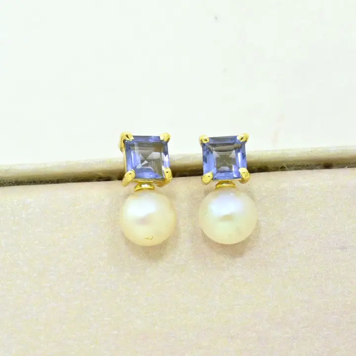 Aaliyah Earring-Gold/Pearl/Tanzanite