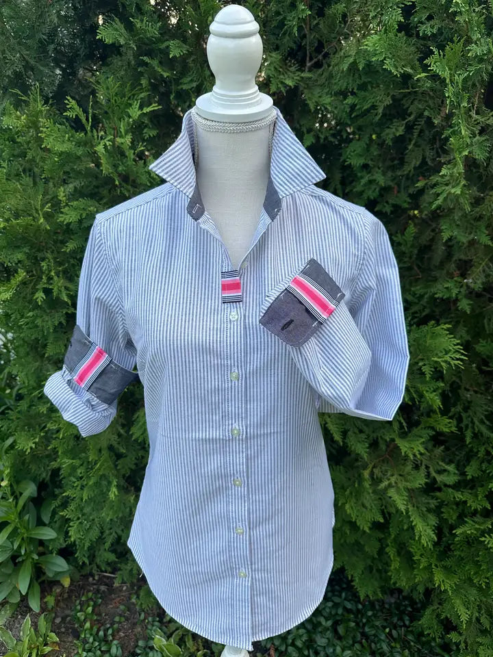 Pearly Vine Cassie 2 Striped Oxford with pink and grey striped ribbon