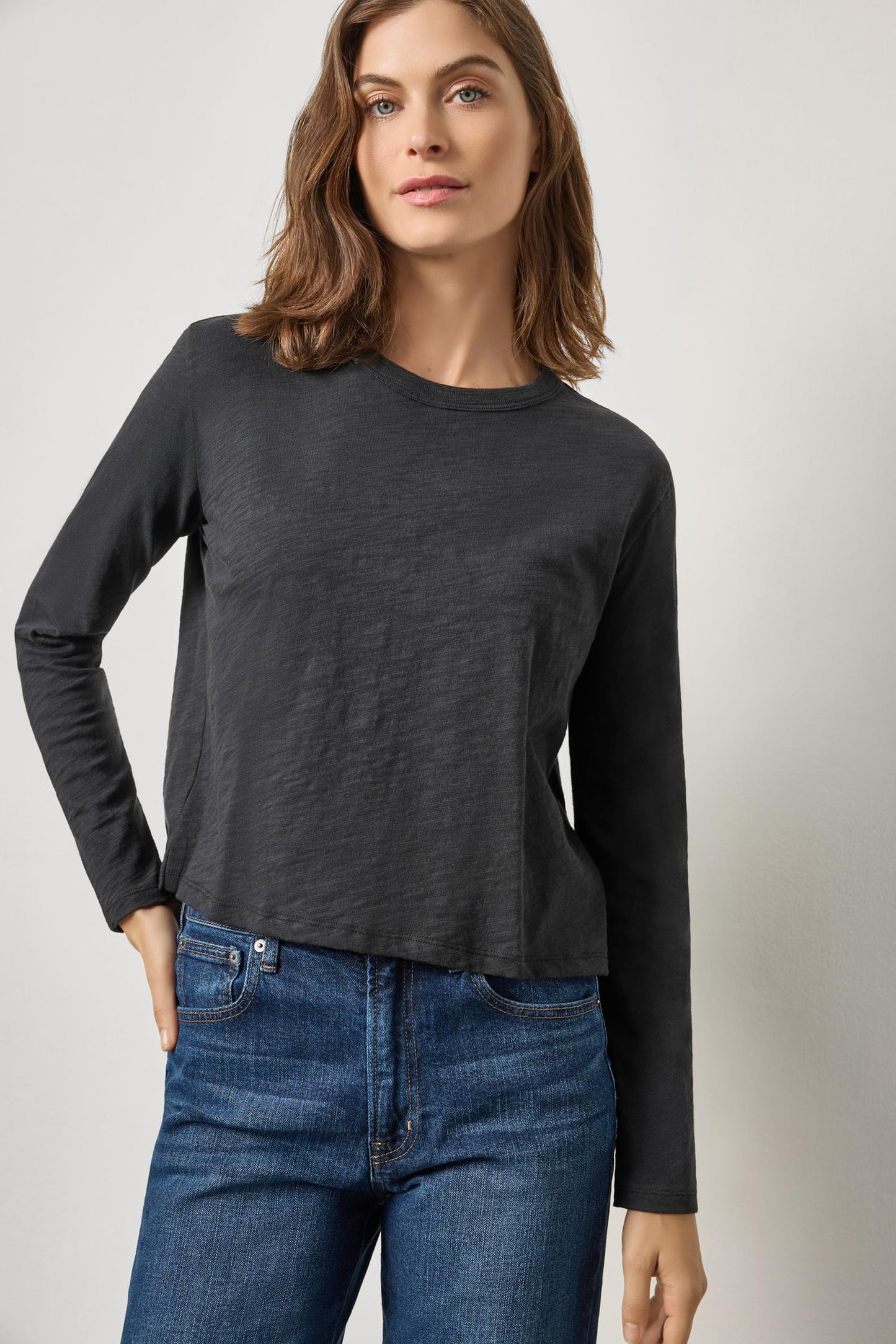 Lilla P Long Sleeve Cropped Boyfriend Tee-Black