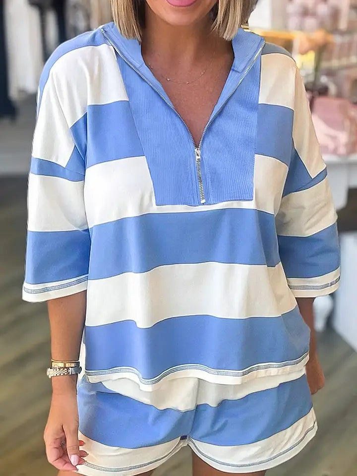 Stripe Half Zip Oversize Tee Short Set-Sky Blue
