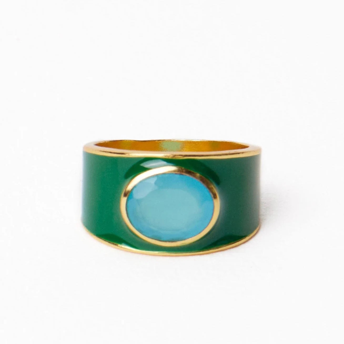Ink + Alloy Hazel Oval Stone With Enamel Band Ring Green/Light Blue