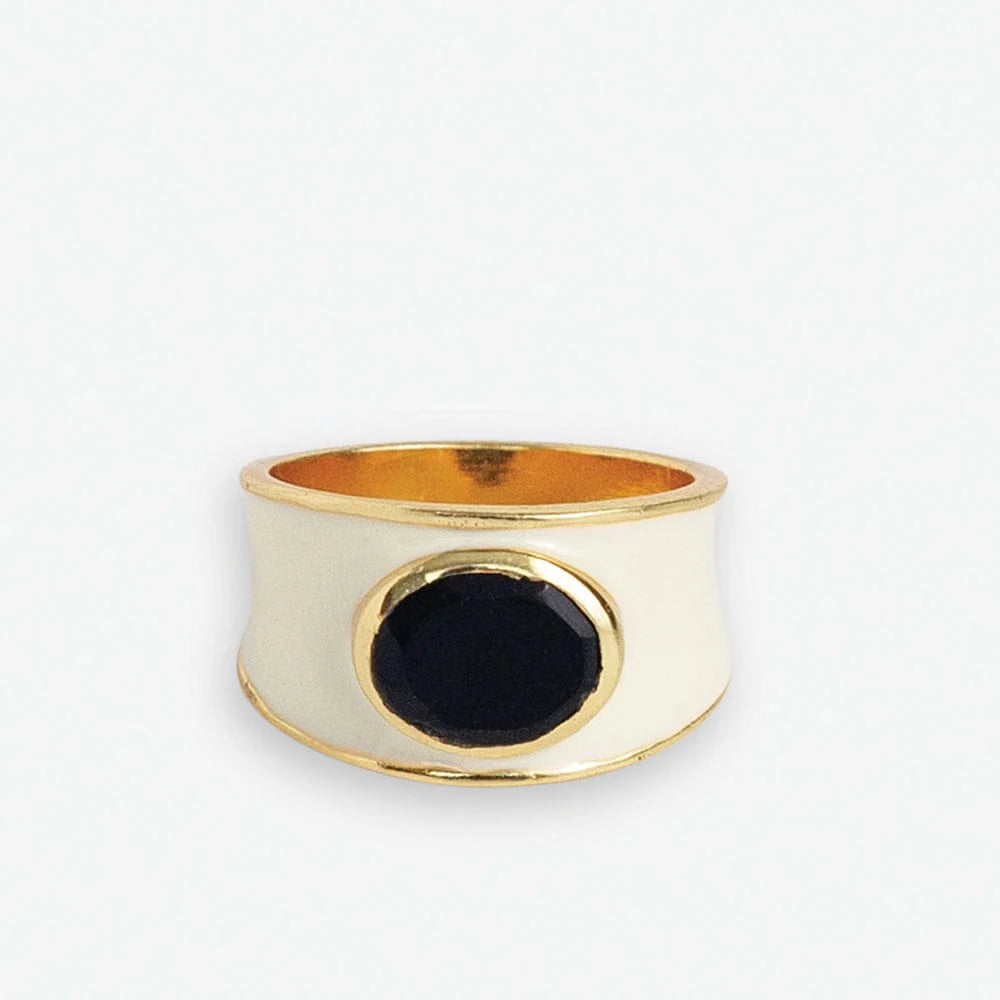 Ink + Alloy Hazel Oval Stone With Enamel Band Ring Ivory/Black
