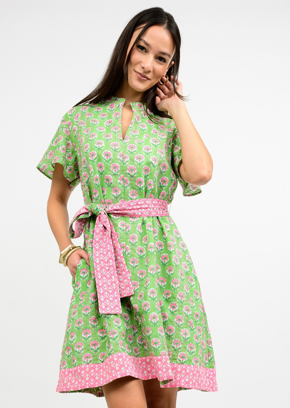 Uncle Frank Kantha Stitched Dress-Green
