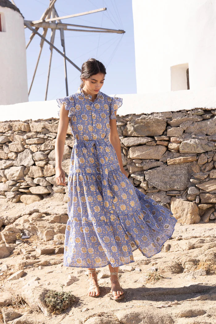 Oliphant Ruffle Collar Button Maxi Dress-Mughal Blue