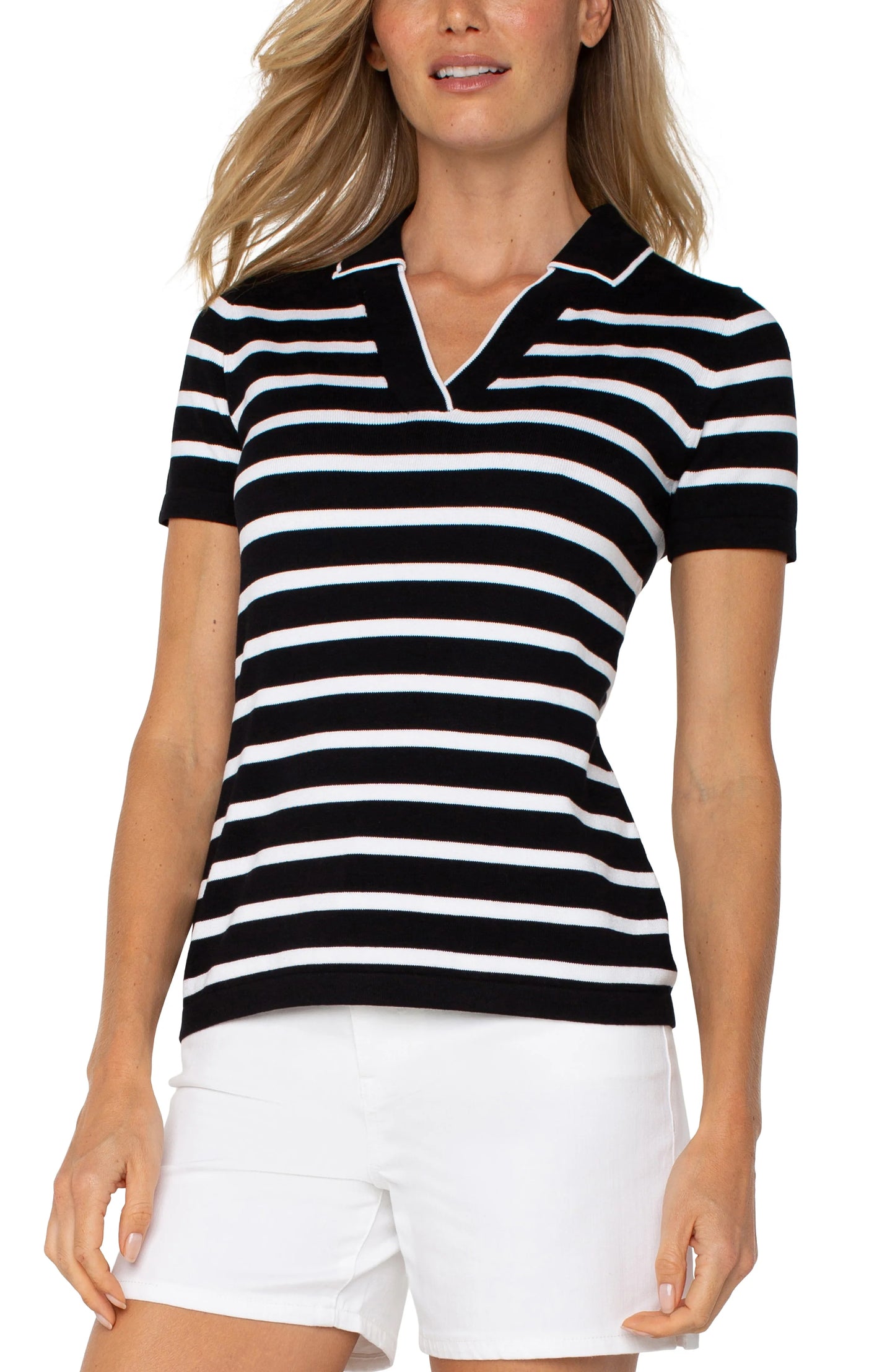 Liverpool Short Sleeved Collared Sweater-Black & White Striped