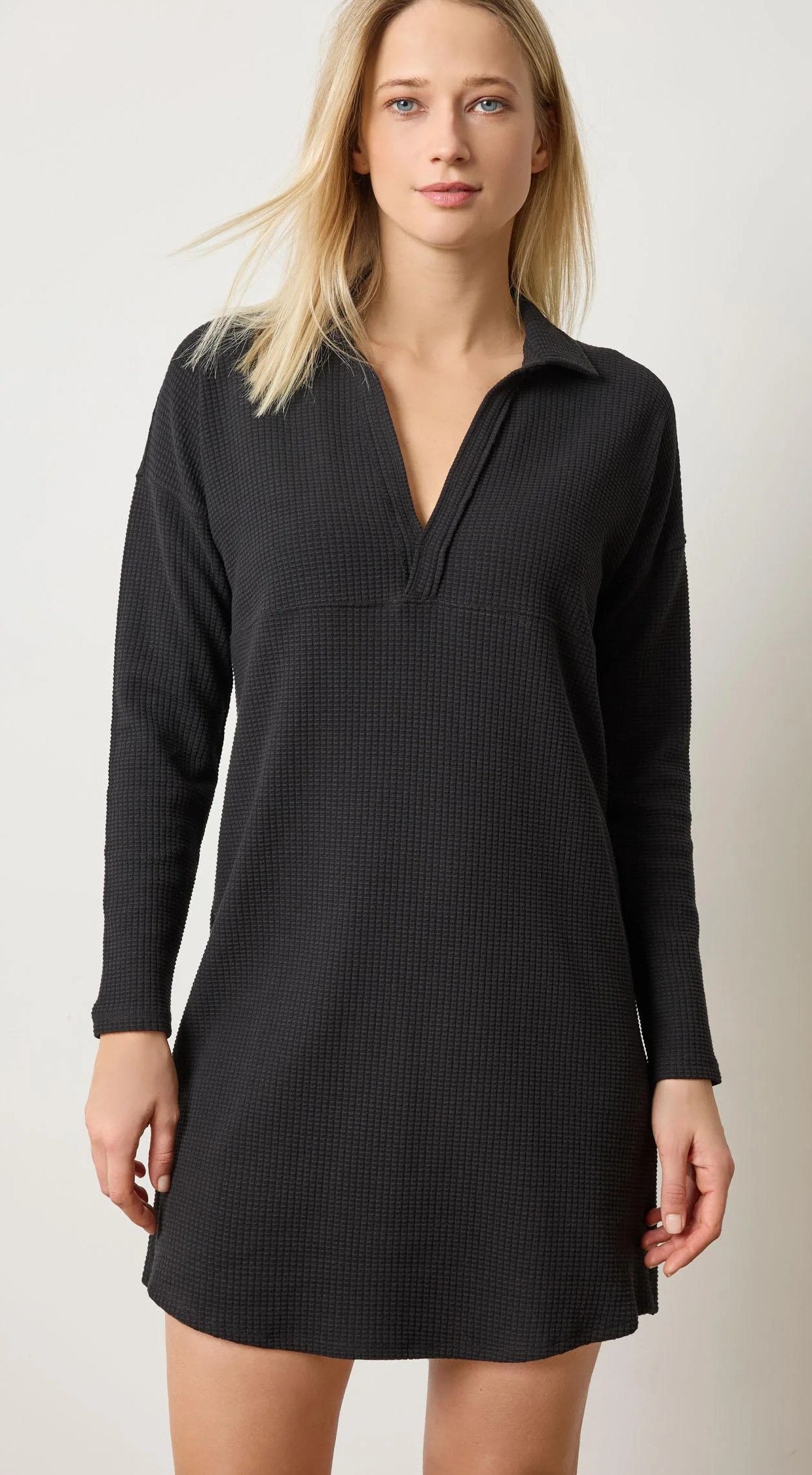 Lilla P Split Neck Collared Dress-Black