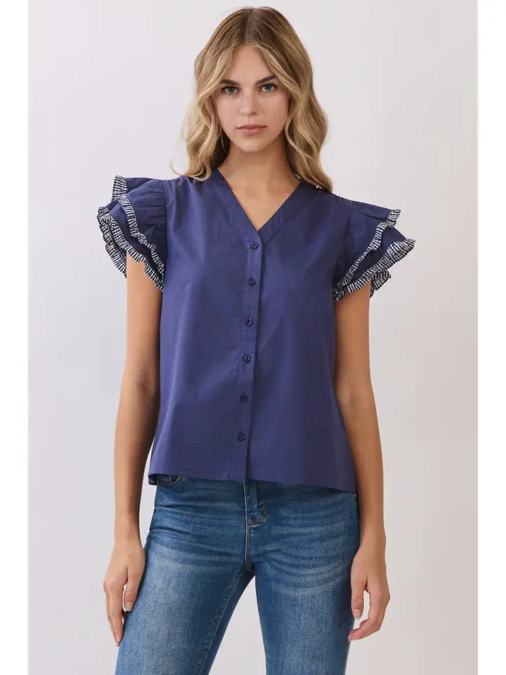 TCEC Ruffle Sleeve Blouse-Navy