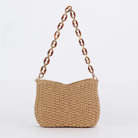Accity fashionable and simple solid straw bag with chain strap
