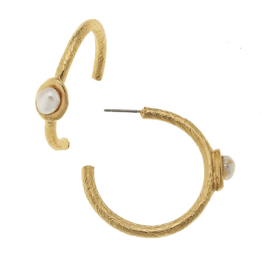 Susan Shaw Pearl Accent Hoops-Gold