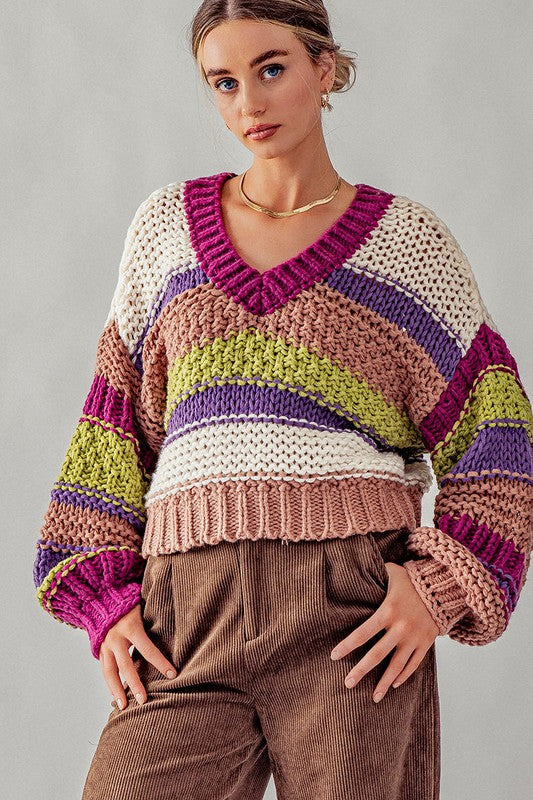 Rowan Chunky Sweater in Fuschia Stripe
