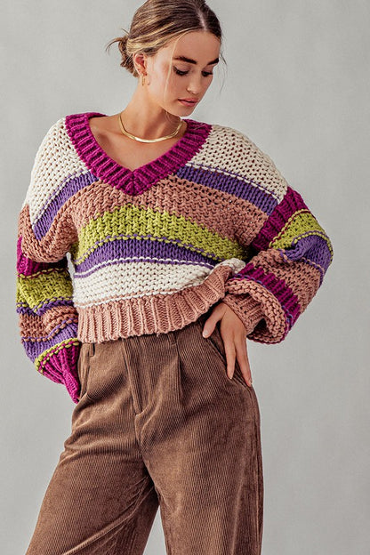 Rowan Chunky Sweater in Fuschia Stripe