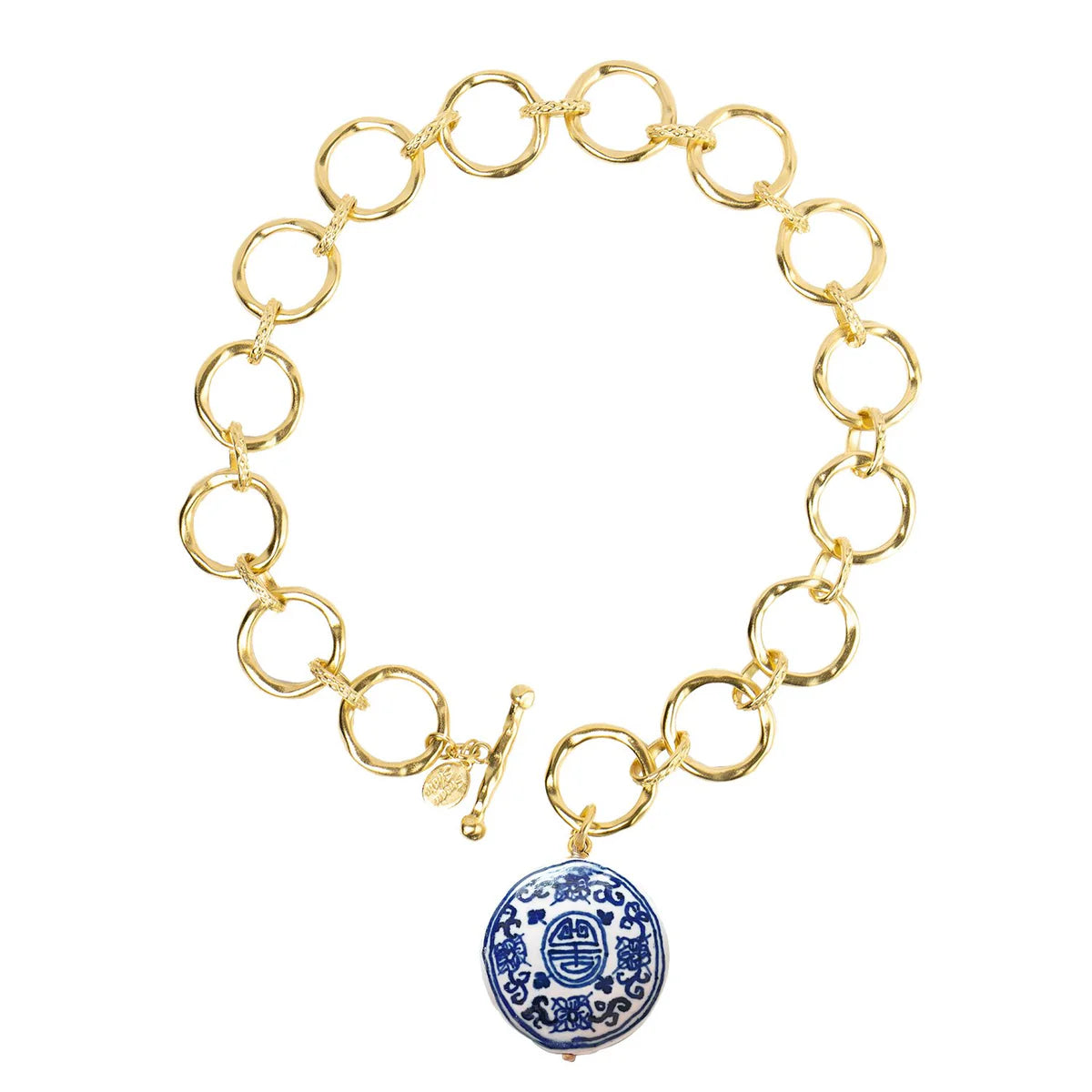 Susan Shaw Large Round Gold Chain with Blue and White Porcelein Pendant Necklace