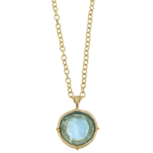 Susan Shaw Long Venetian Glass Coin Intaglio Necklace-Aqua