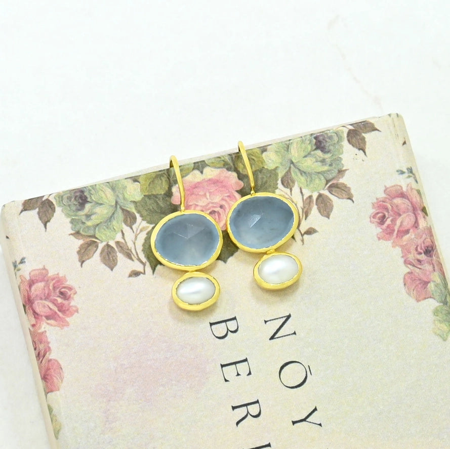 Primrose Earring Gold Plated - Light Aqua Chalcedony & Pearl