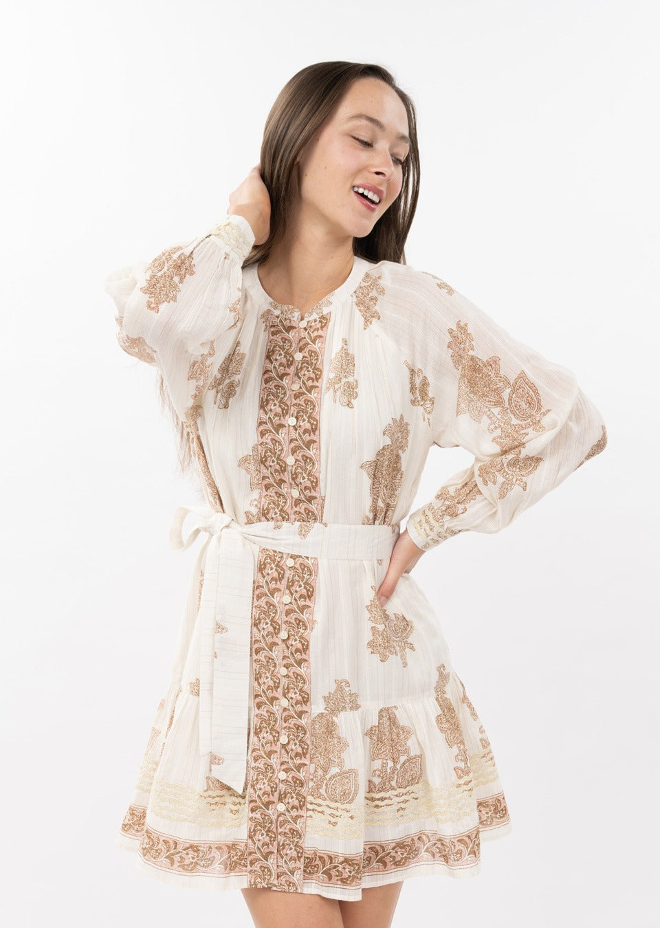 Uncle Frank Metallic Trim Paisley Dress-Ivory