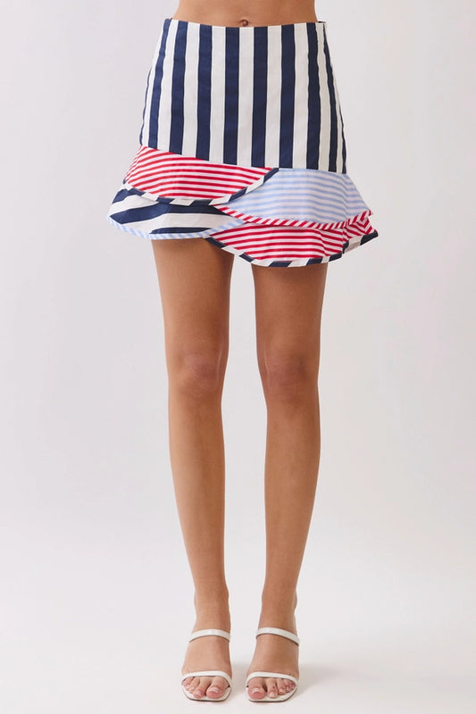 TCEC Bold Striped Ruffle Mini Skirt
