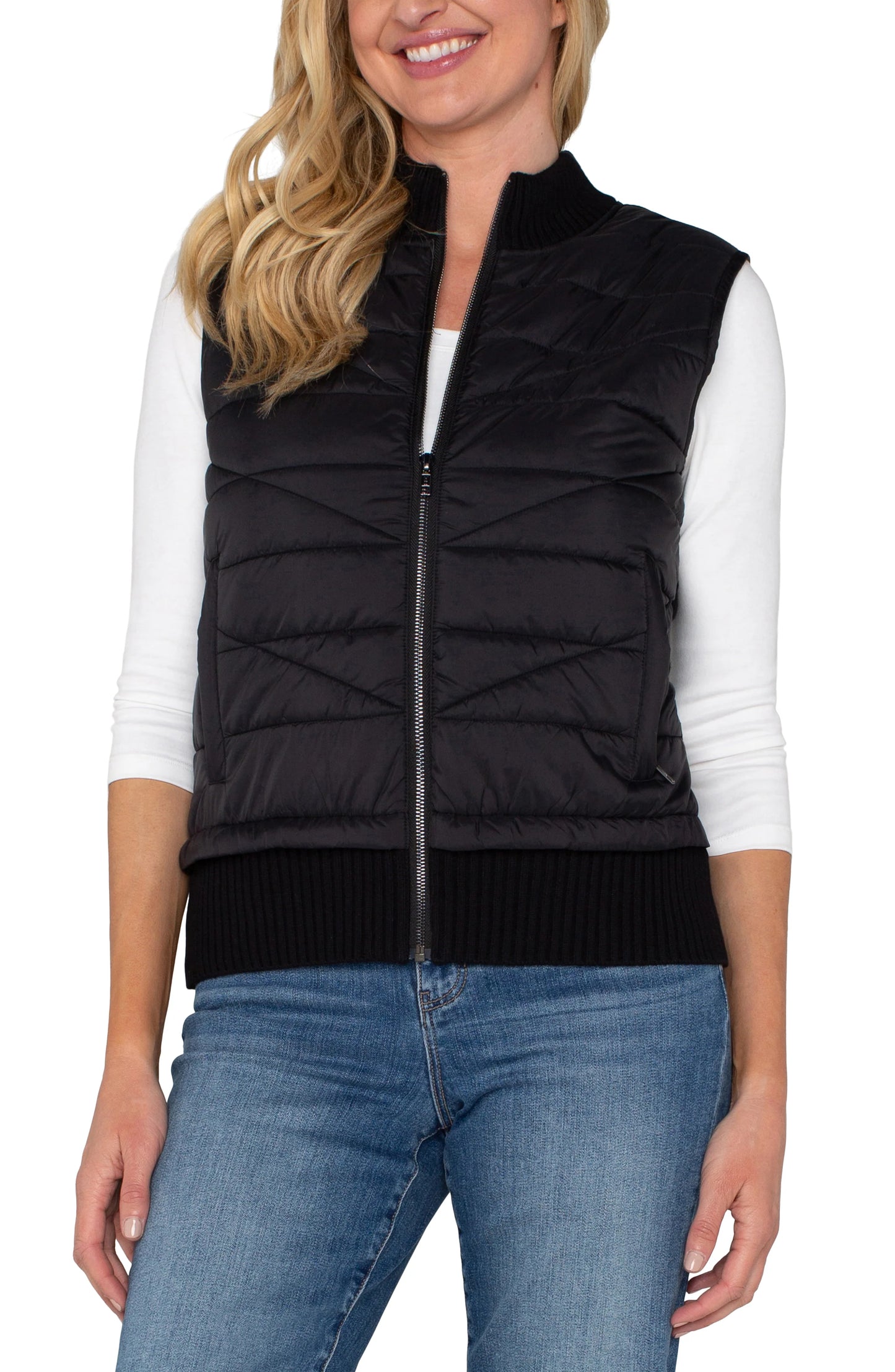 Liverpool Sleeveless Quilted Full Zip Sweater Vest-Black