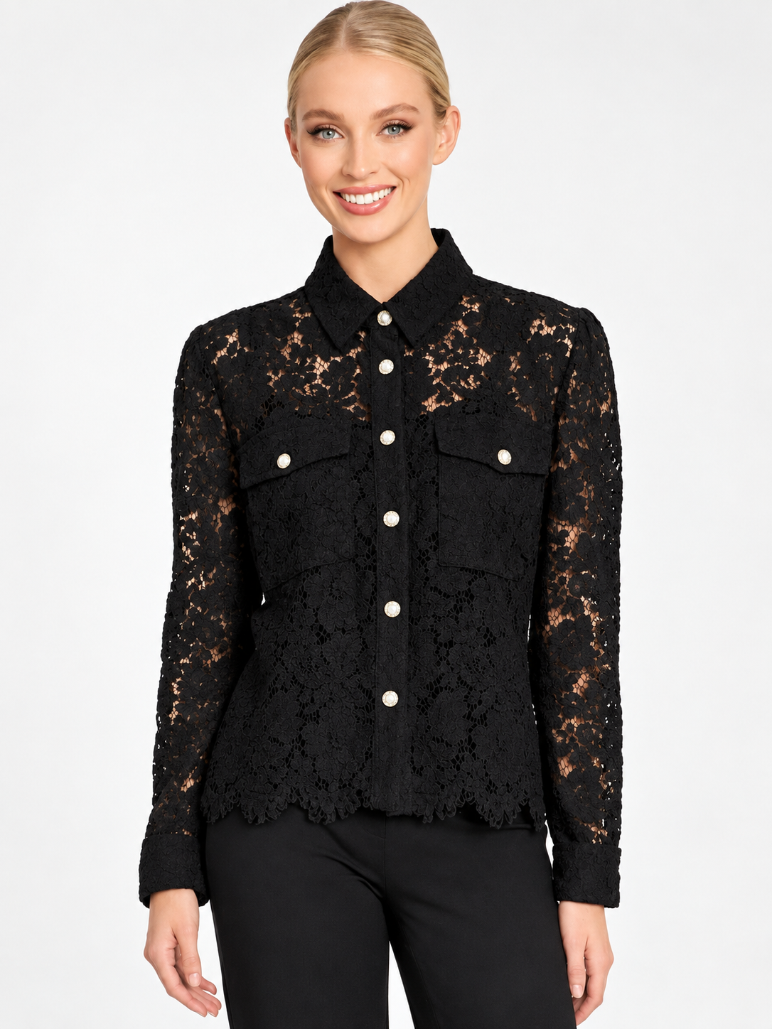 Dolce Cabo Floral Lace Pearl Button Long Sleeve Blouse-Black
