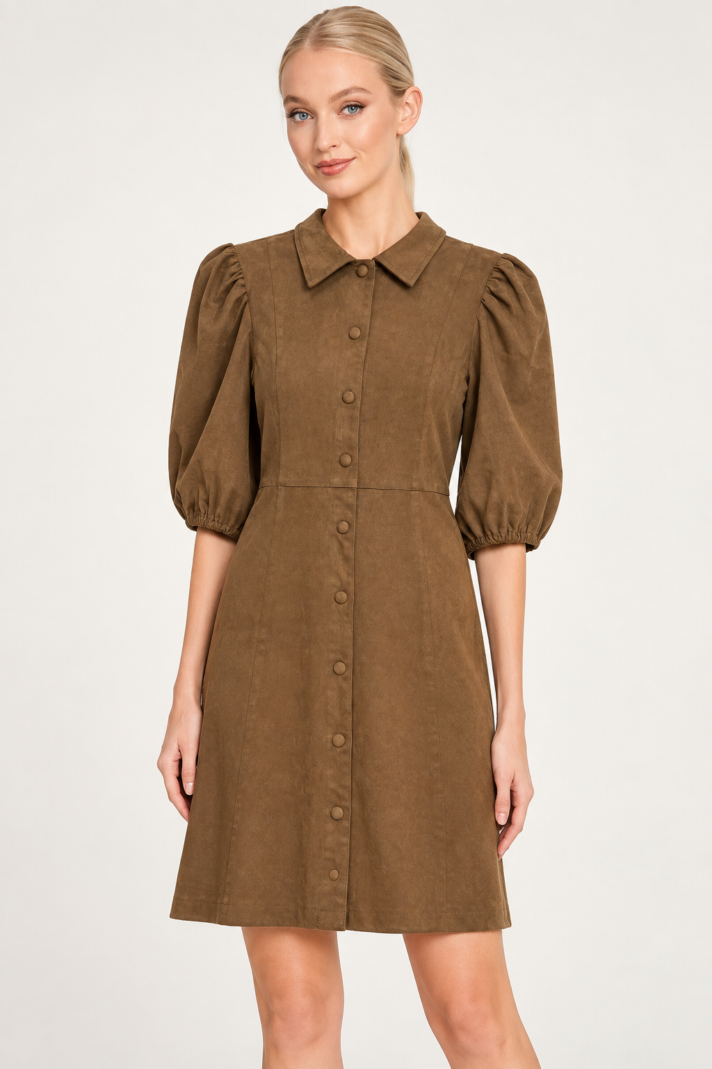 Dolce Cabo Faux Suede Puff Shoulder Dress-Tobacco