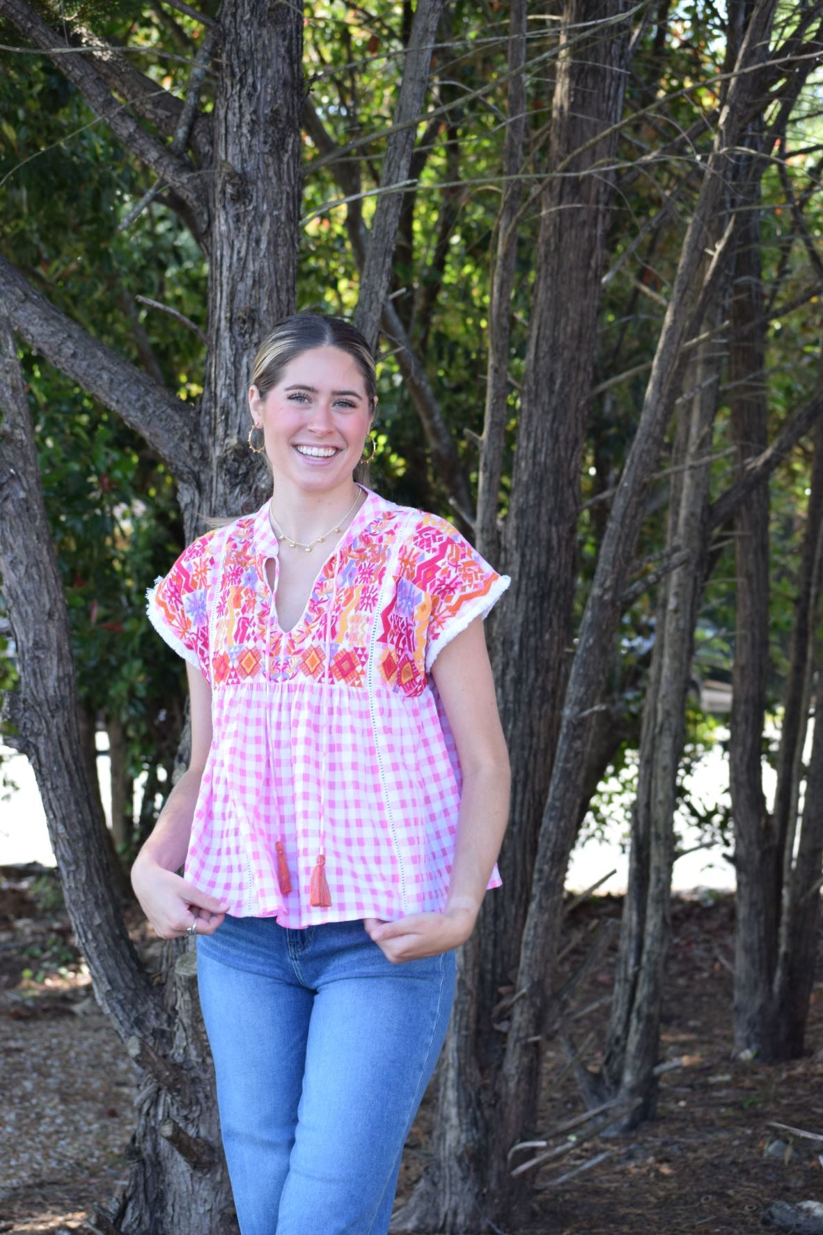 Pink Gingham Embroidered Yoke Top