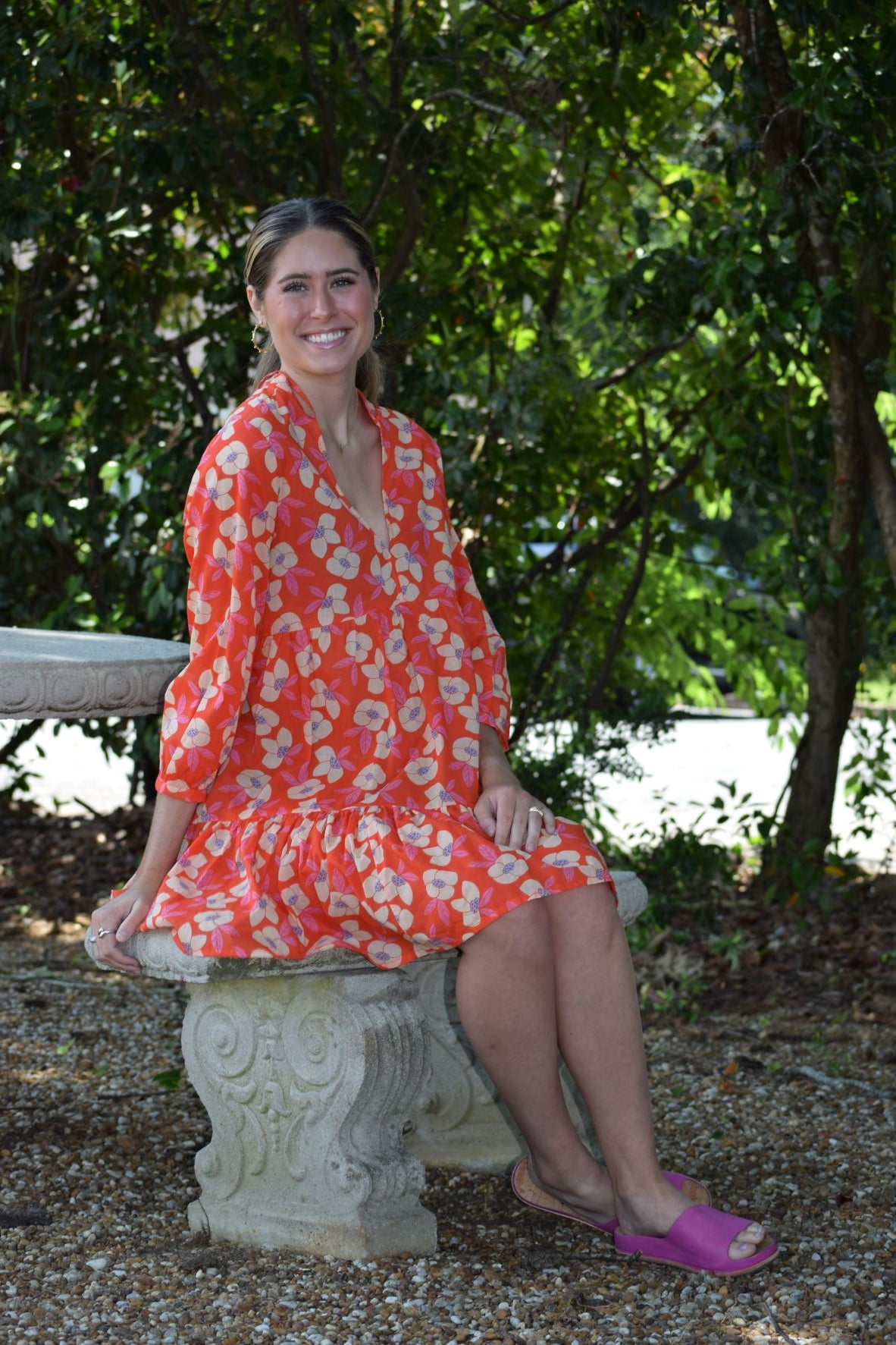 Orange Flower Print Short Dress