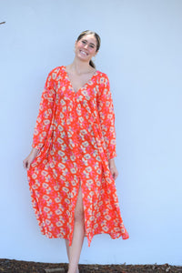 Orange Flower Print Long Dress