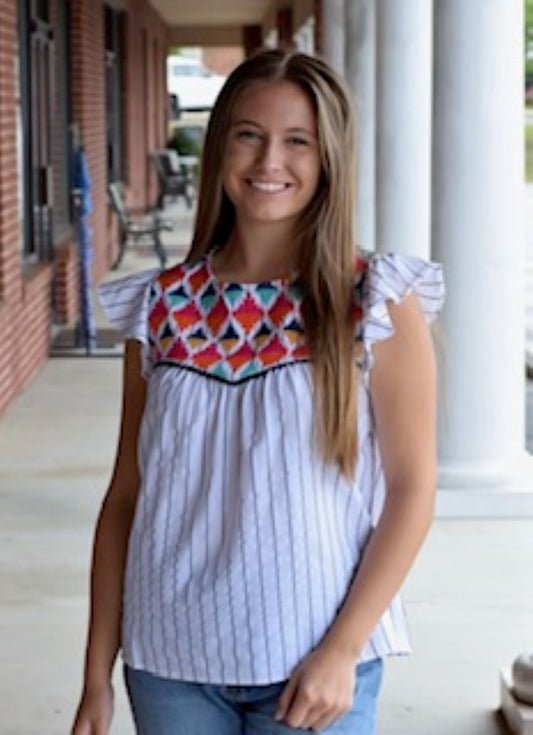 White Stripe Top with Embroidered Yoke