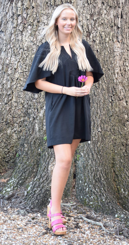 Black Classic Flutter Sleeve Dress