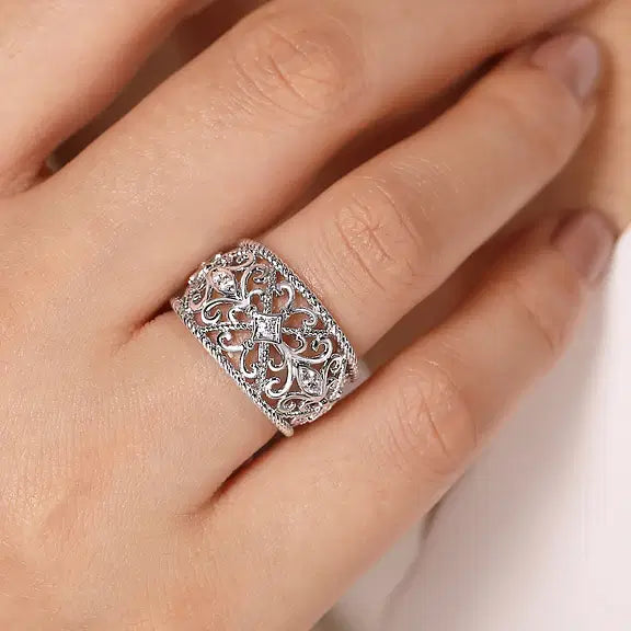 Gabriel Sterling Silver/White Sapphire Floral Openwork Ring