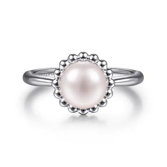 925 Sterling Silver Pearl Ring with Bujukan Beaded Halo