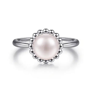 925 Sterling Silver Pearl Ring with Bujukan Beaded Halo