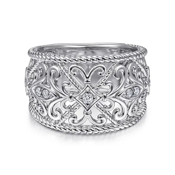 Gabriel Sterling Silver/White Sapphire Floral Openwork Ring