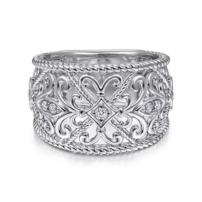 Gabriel Sterling Silver/White Sapphire Floral Openwork Ring