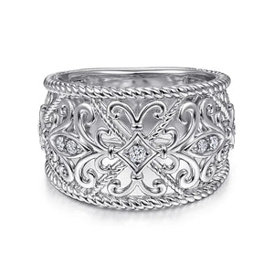 Gabriel Sterling Silver/White Sapphire Floral Openwork Ring