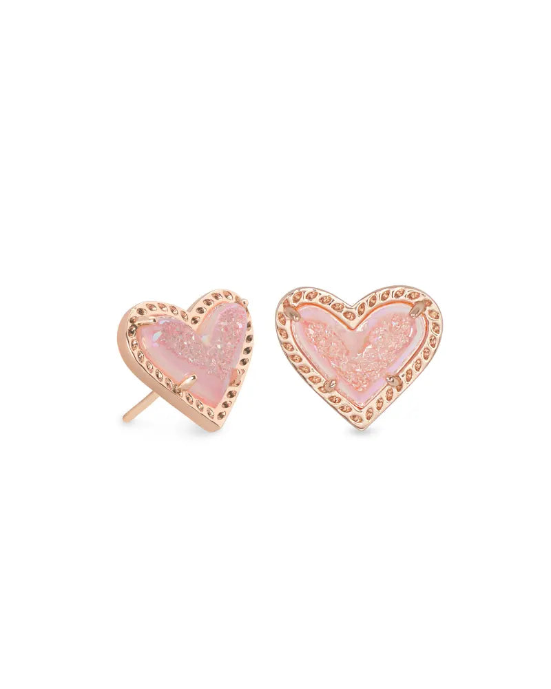 Kendra Scott Framed Ari Heart Gold Earrings in Light Pink Drusy