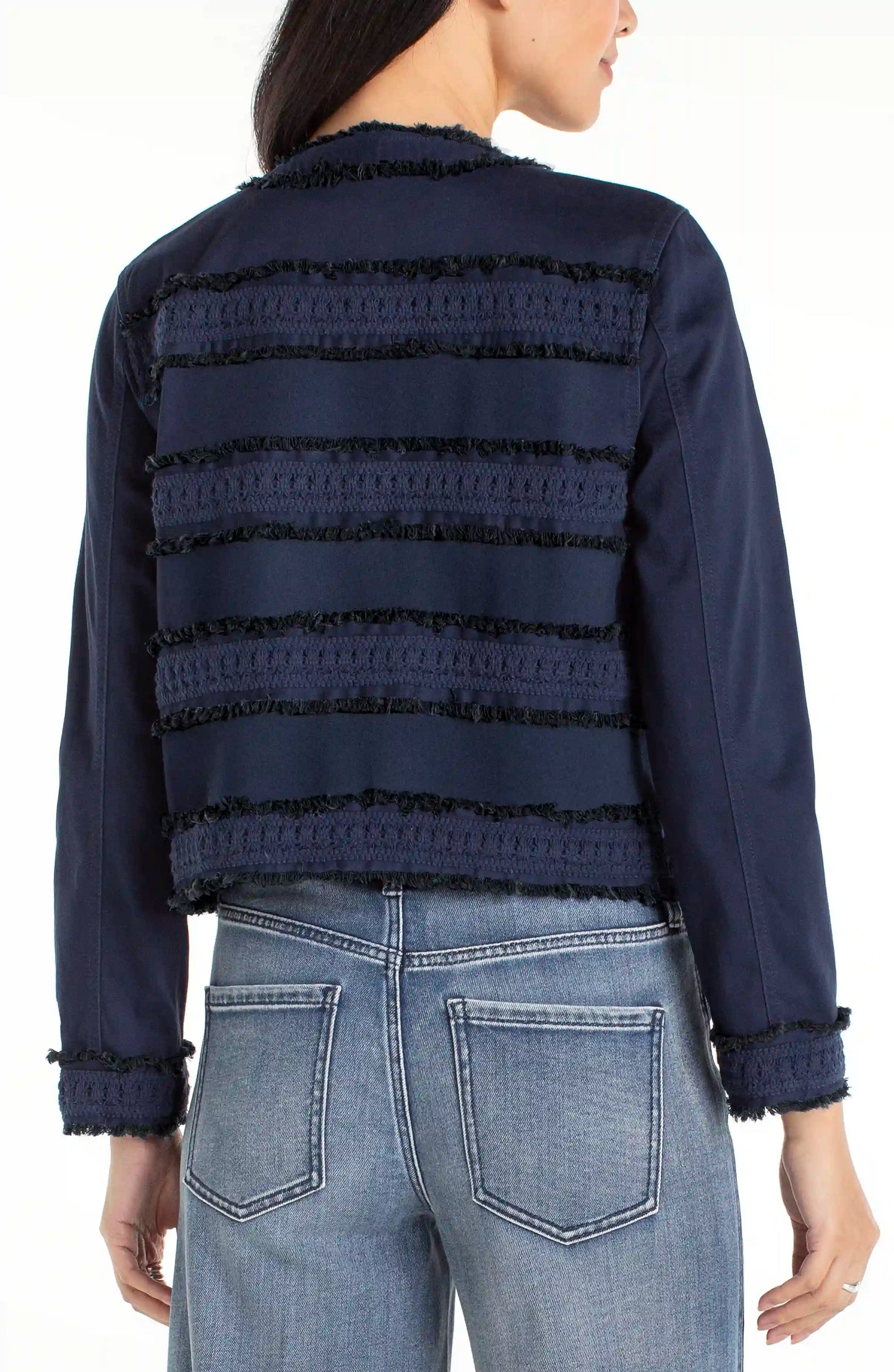 Liverpool Collarless Jacket with Fray & Lace-Midnight