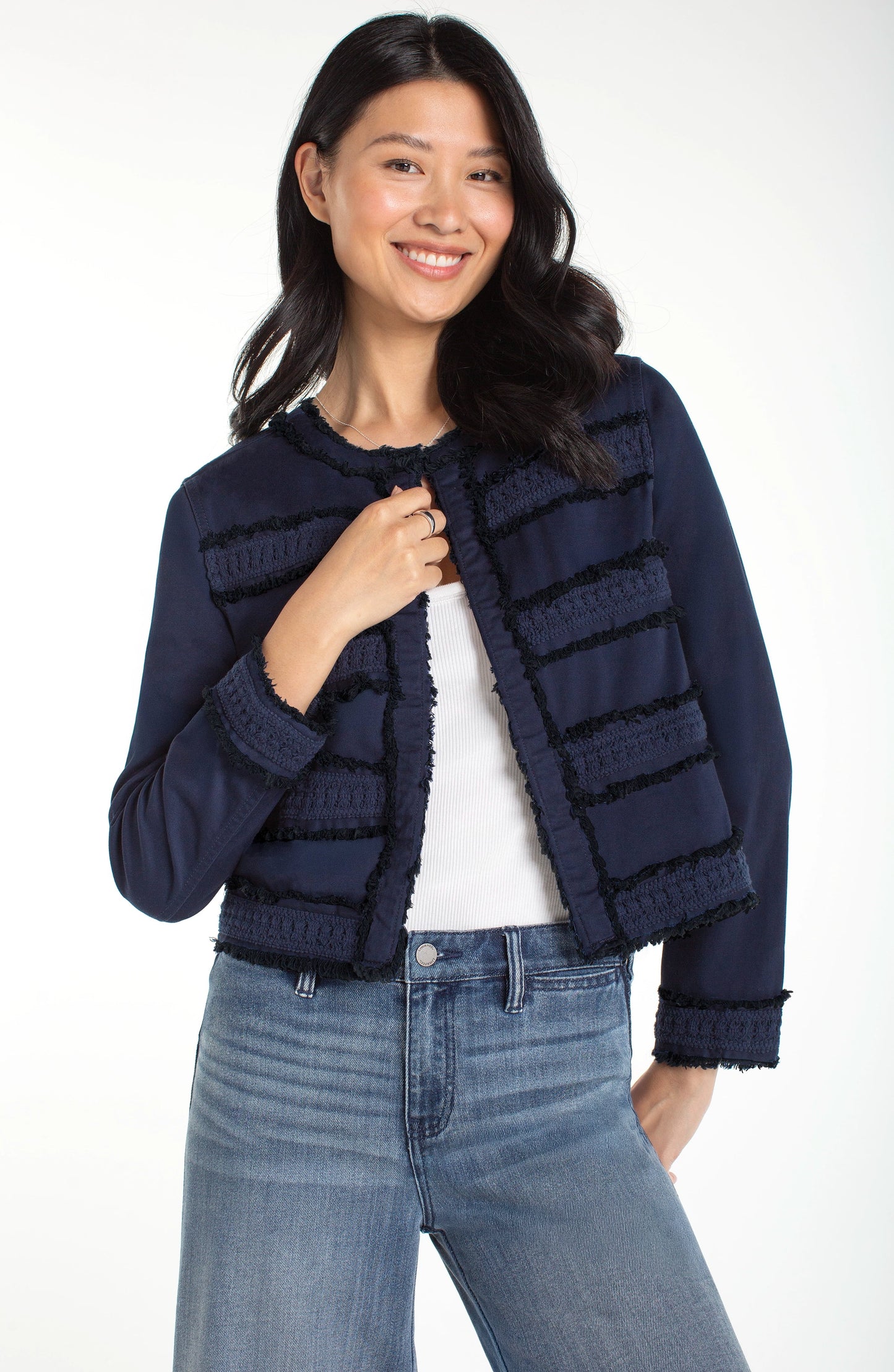 Liverpool Collarless Jacket with Fray & Lace-Midnight