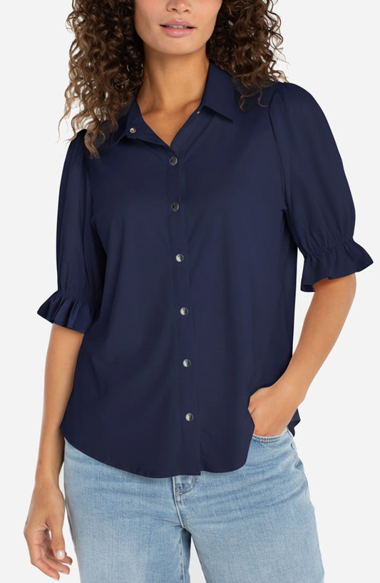 Liverpool Puff Sleeve Snap Front Shirt-Navy Ink