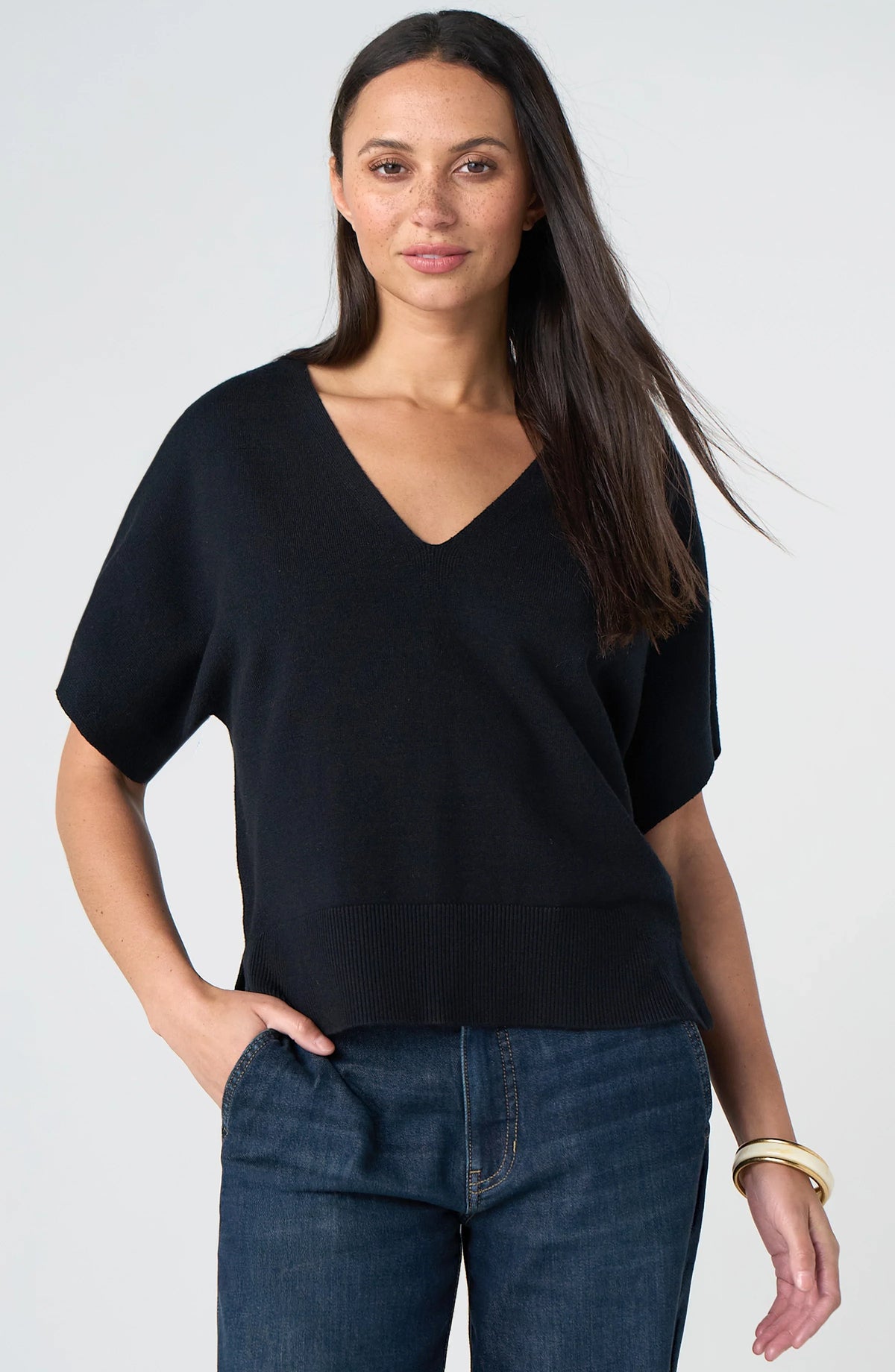 Liverpool short sleeve v neck dolman sweater- black