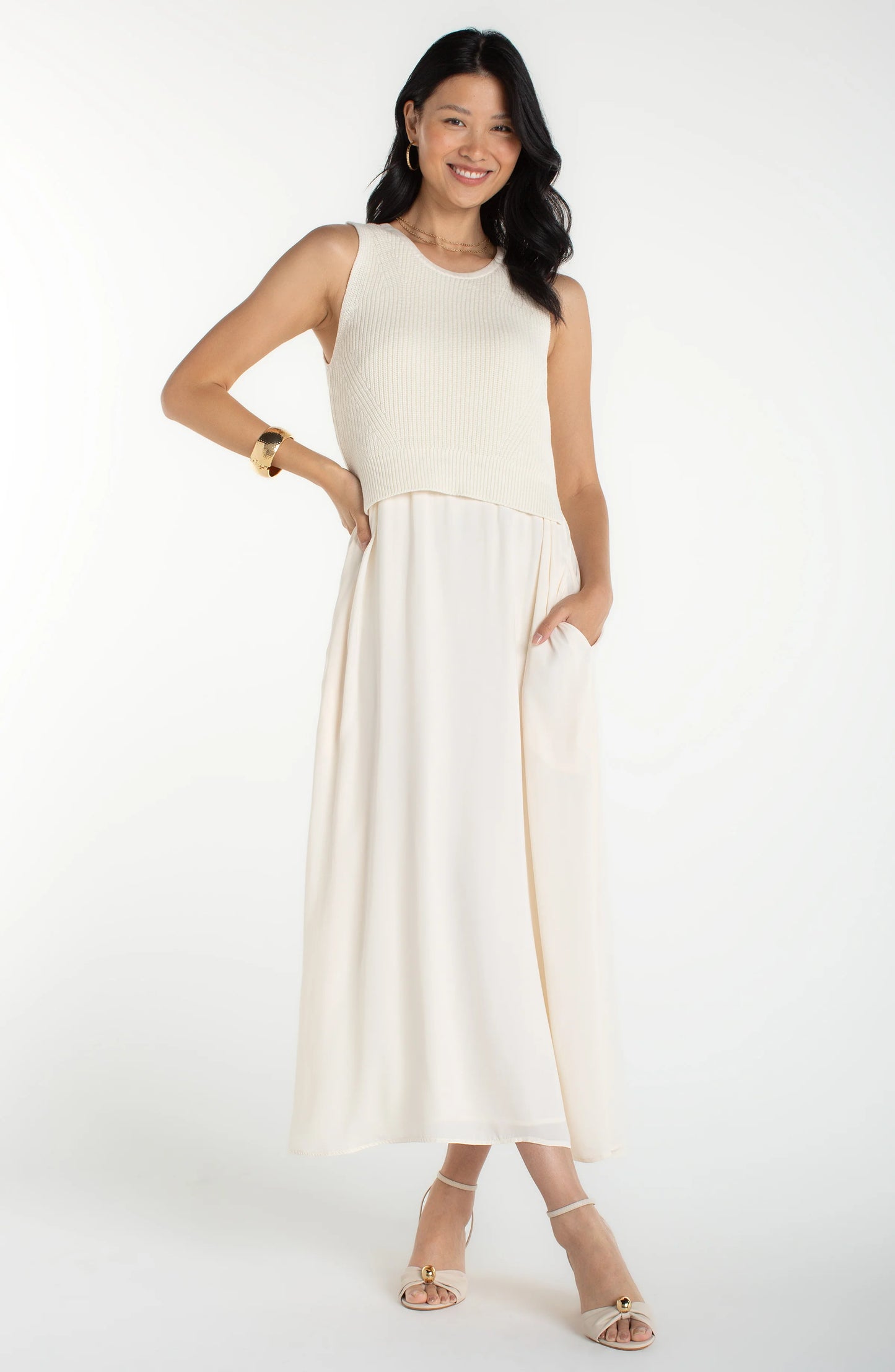 Liverpool Sleeveless Crew Neck Tie Back Sweater Dress-Cream
