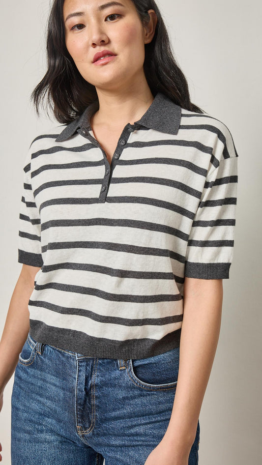 Lilla P Drop Shoulder Polo Neck Sweater-Pearl/Licorice