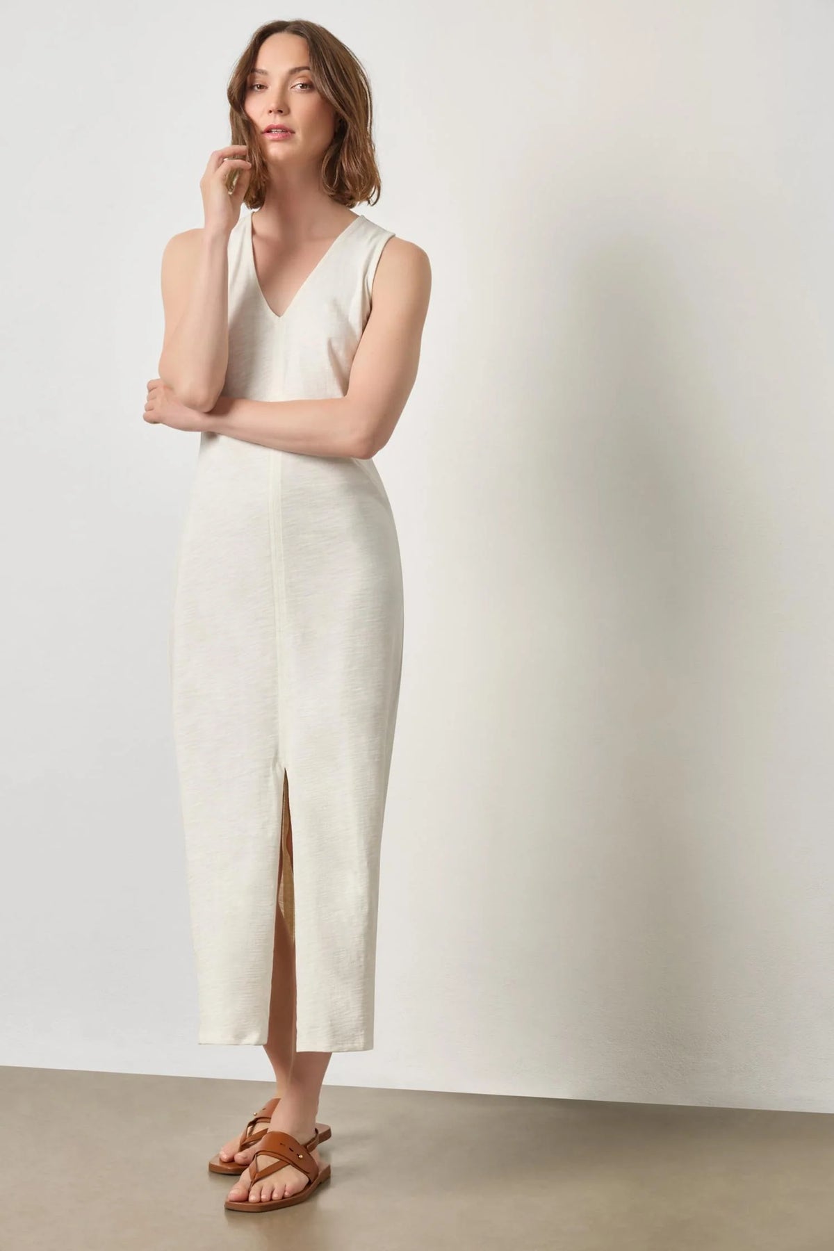 Lilla P V-Neck Seamed Maxi Dress-Ecru