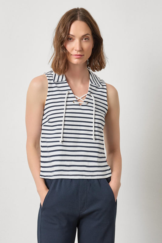 Lilla P Sleeveless Collared Top-Navy Stripe