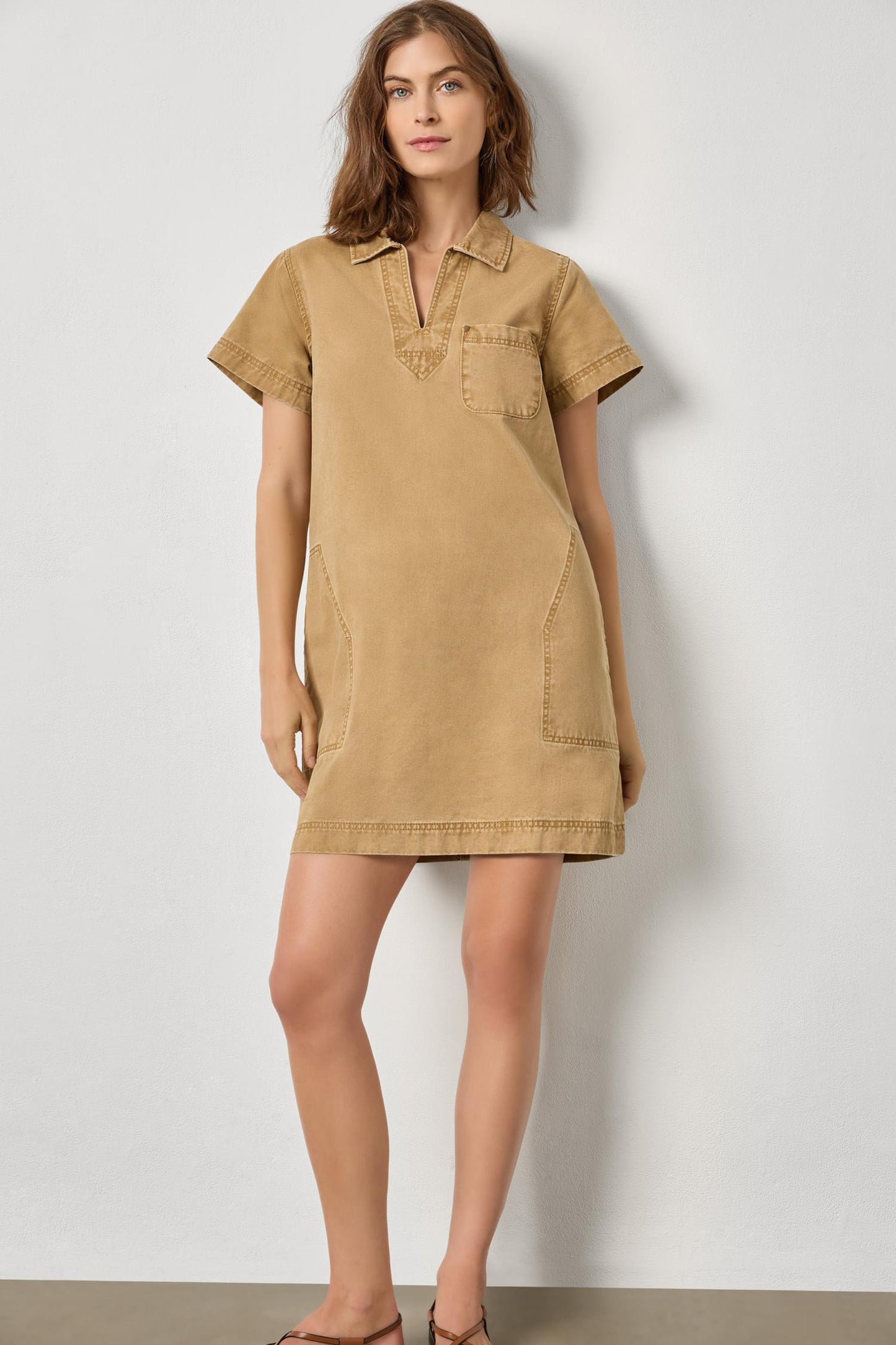 Lilla P Twill Split Neck Collared Dress-Buckwheat