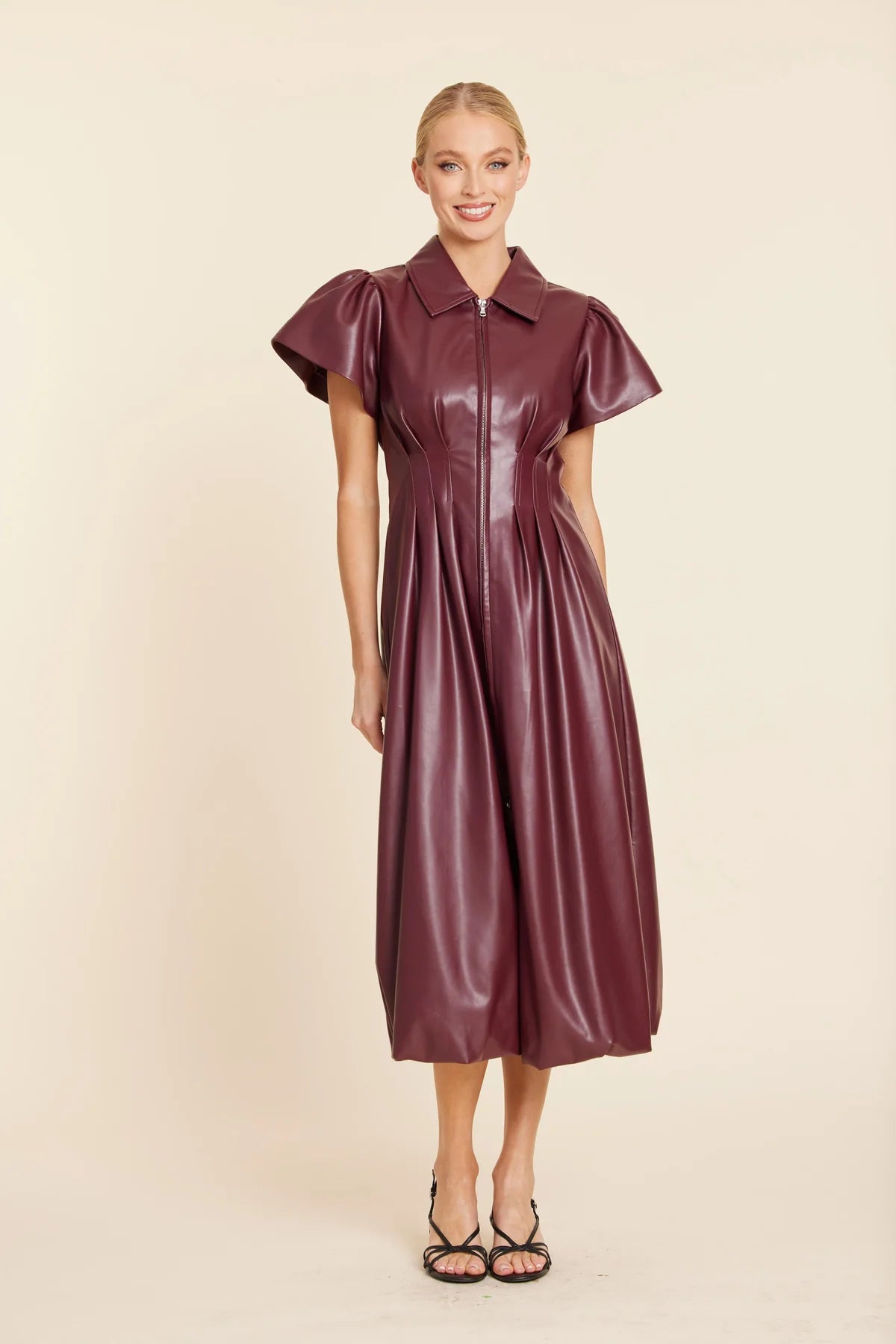 Dolce Cabo Faux Leather Zip Midi Bubble Dress-Burgandy